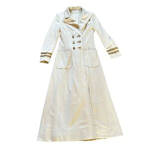 Vintage Ivory Military Style Maxi Coat Gold Buttons & Braid Trim